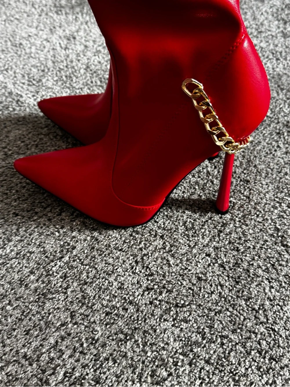 AKIRA Red Over-the-Knee Stiletto Boots with Gold Chain